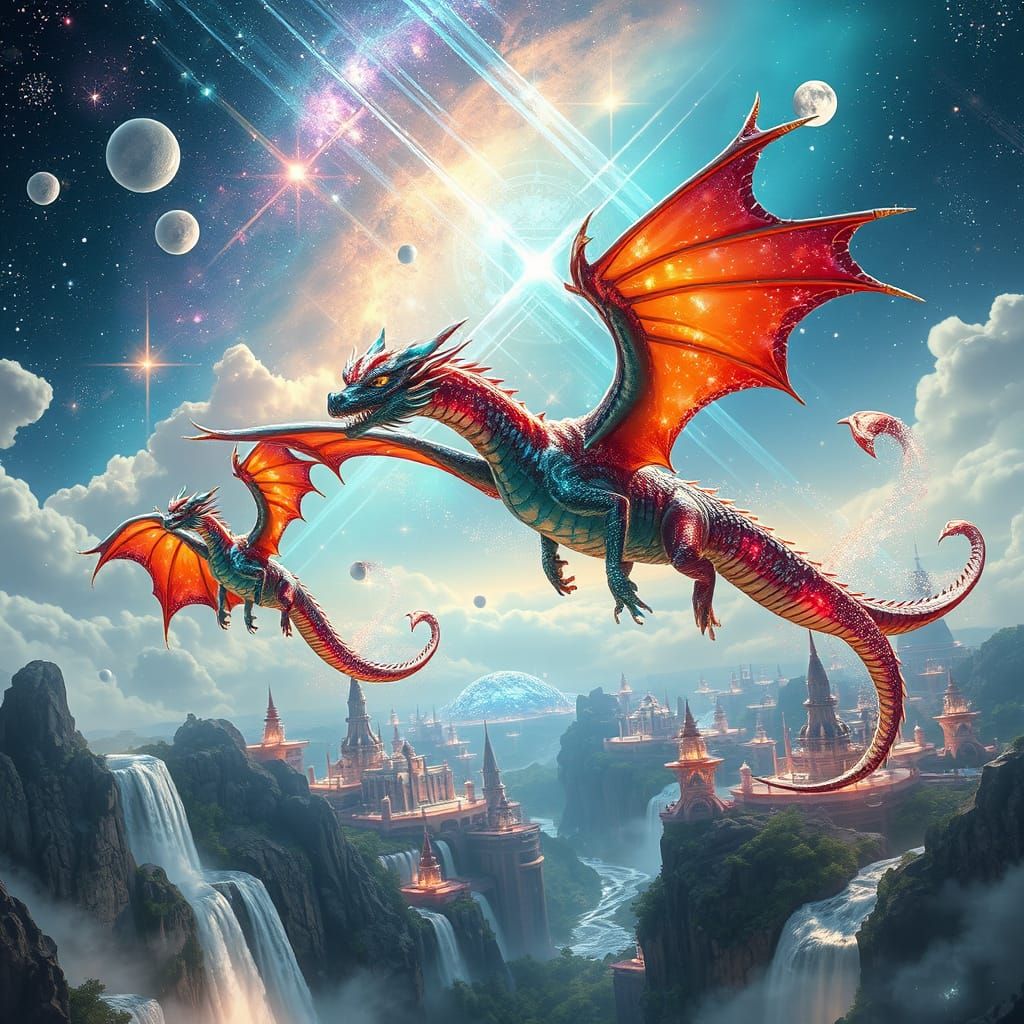 Majestic Dragons Soar Through Vibrant Galaxy in Cosmic Fanta...