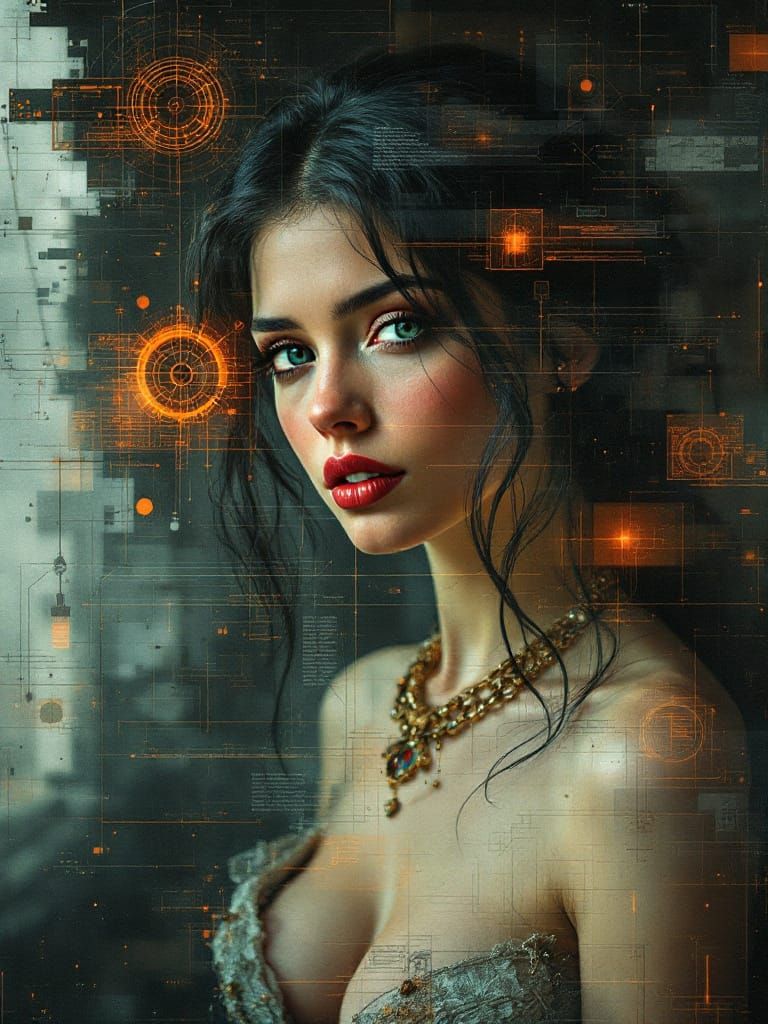 Northern Renaissance Meets Glitch Art: Pin-Up Woman in Sauna