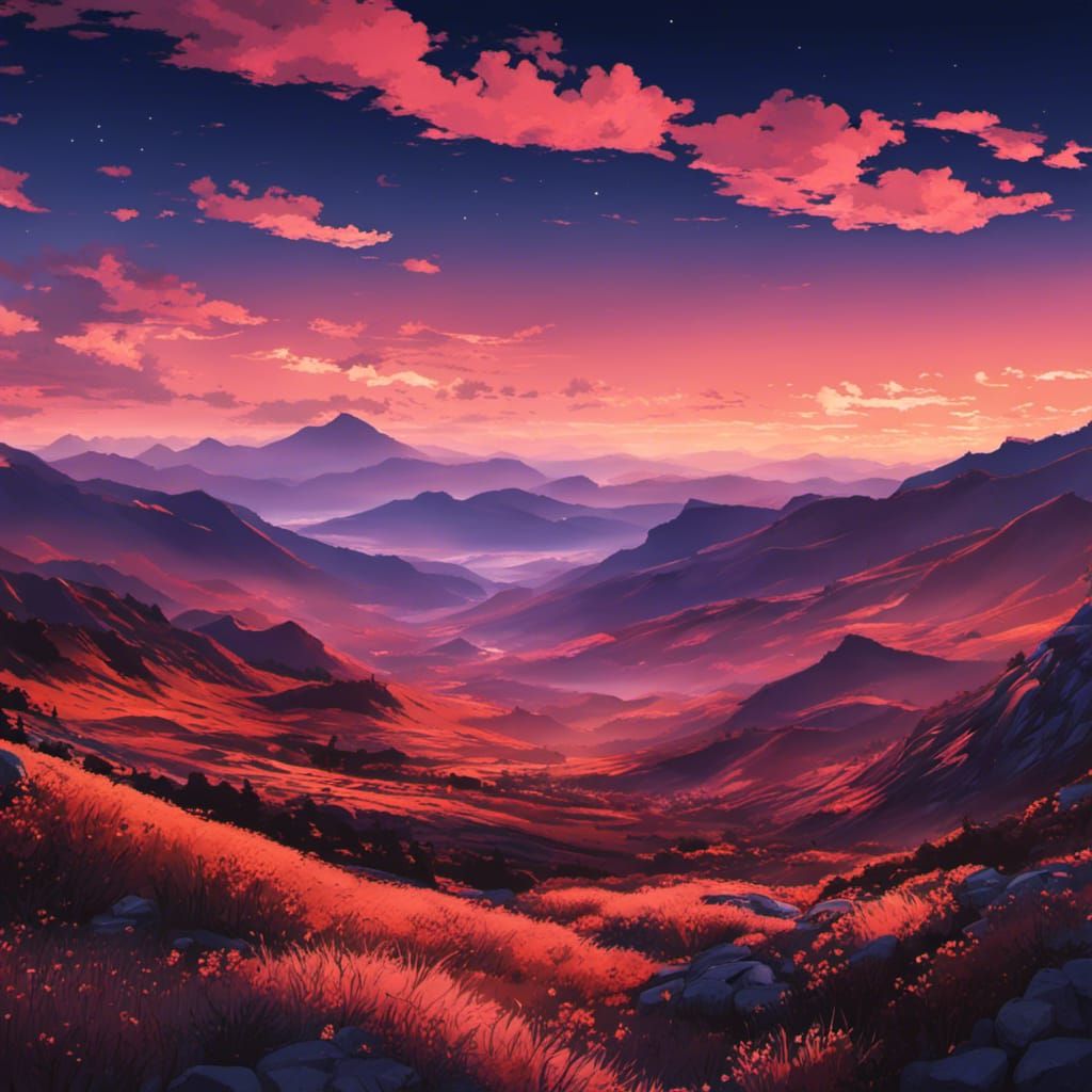 Mountainous Landscape, anime color corrected deep color twilight moonscape