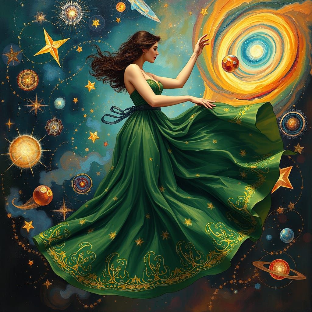 Surrealist Woman Dances Among Celestial Bodies in Vibrant Oi...
