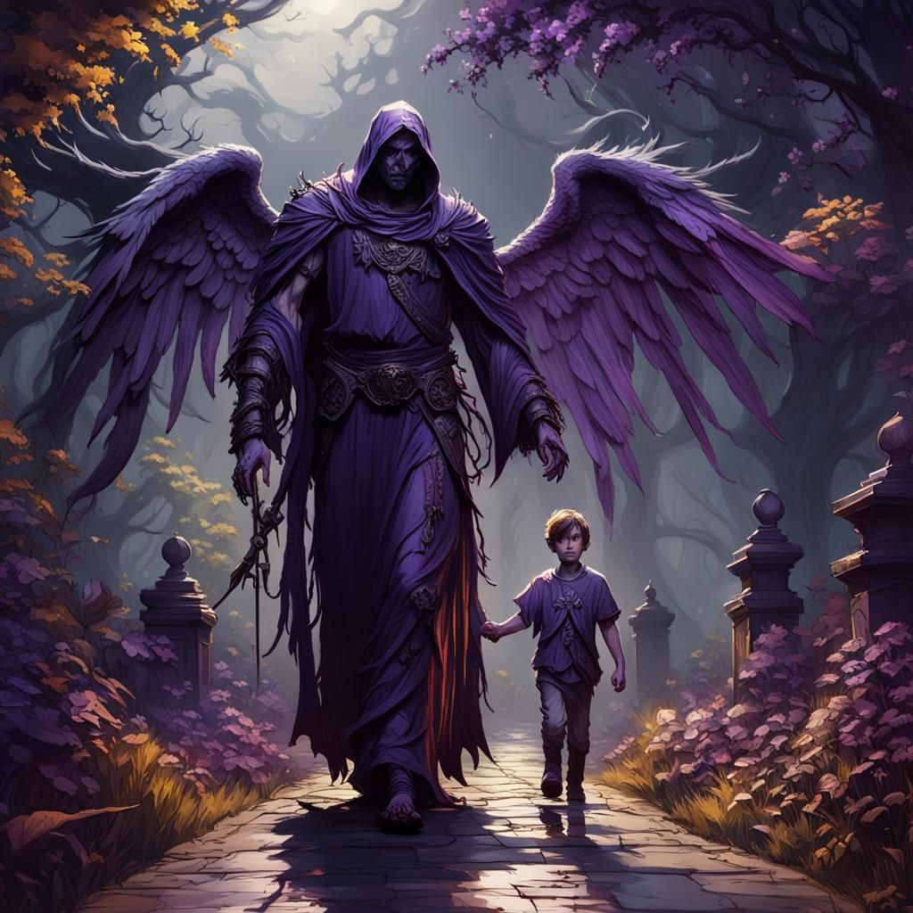 Angel of Death Leads Boy in Dark Garden