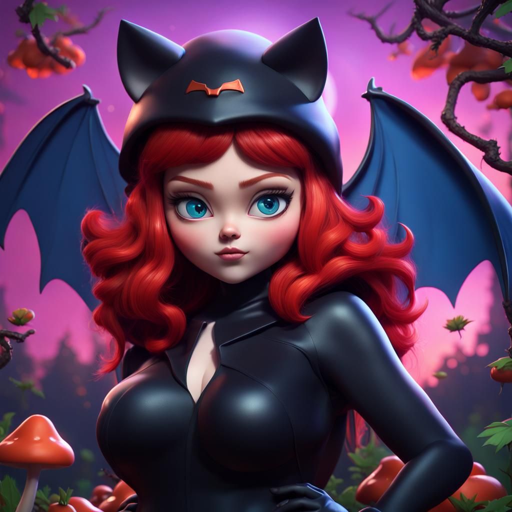 Anime Cat Woman in Mushroom Forest, 3D Digital Art