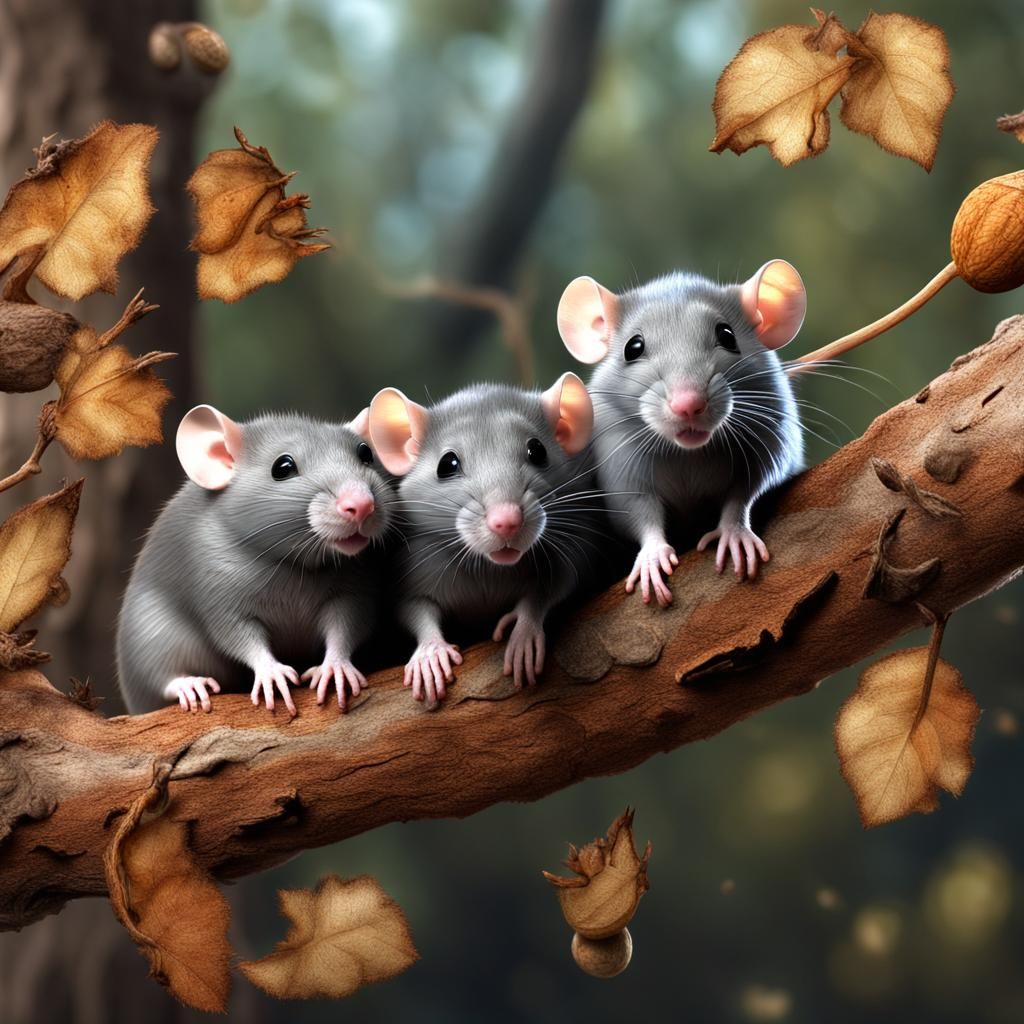 Adorable Rats Chewing Bark in Hyperrealistic 8k
