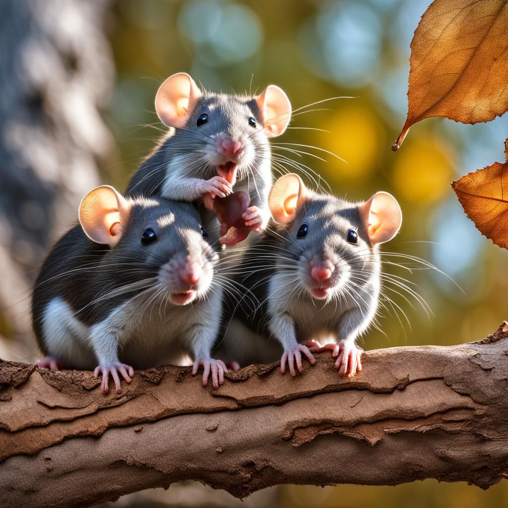 Cute Rats Chew Bark in Hyperrealistic Detail