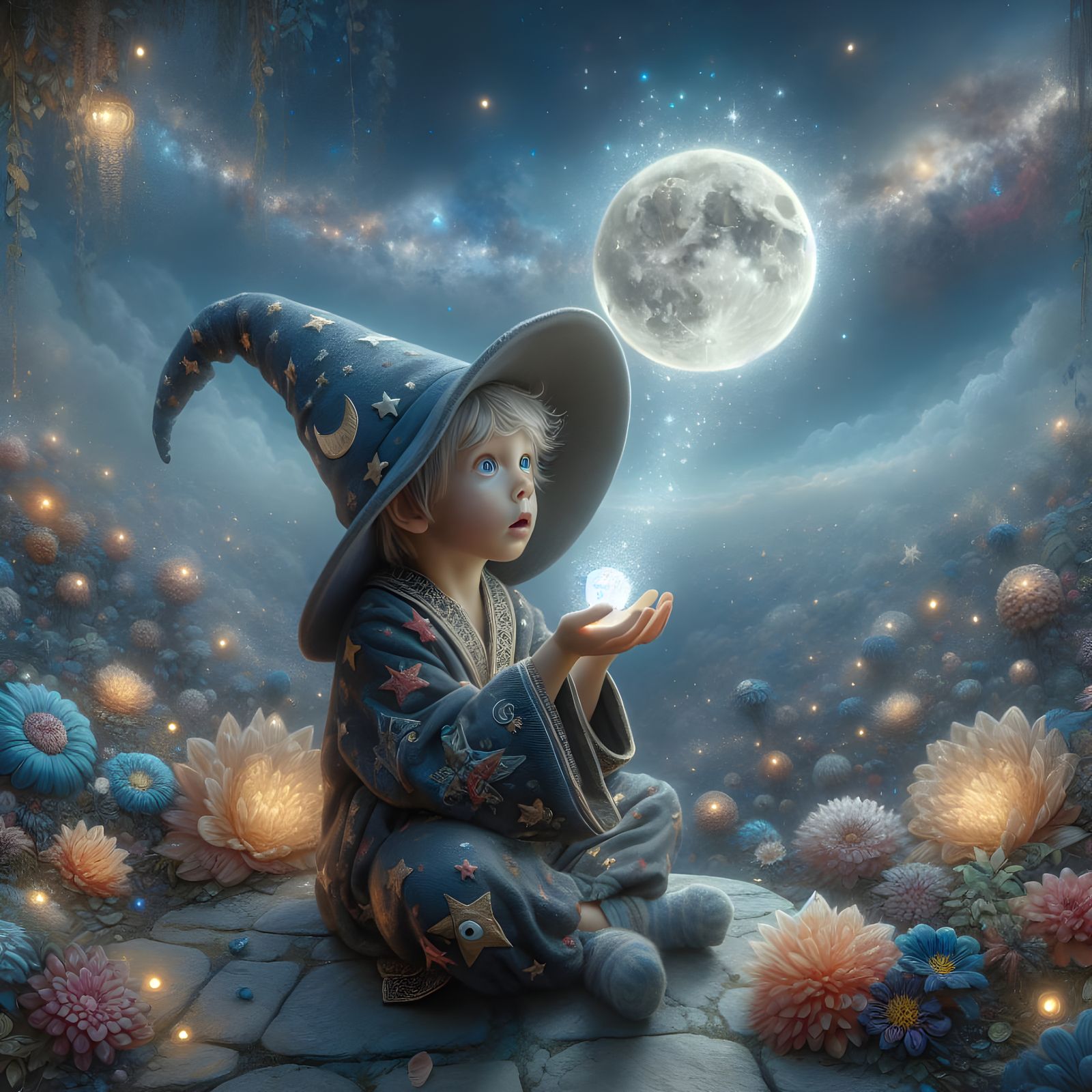 Young Wizard Conjures Moon in Enchanted Sky Garden