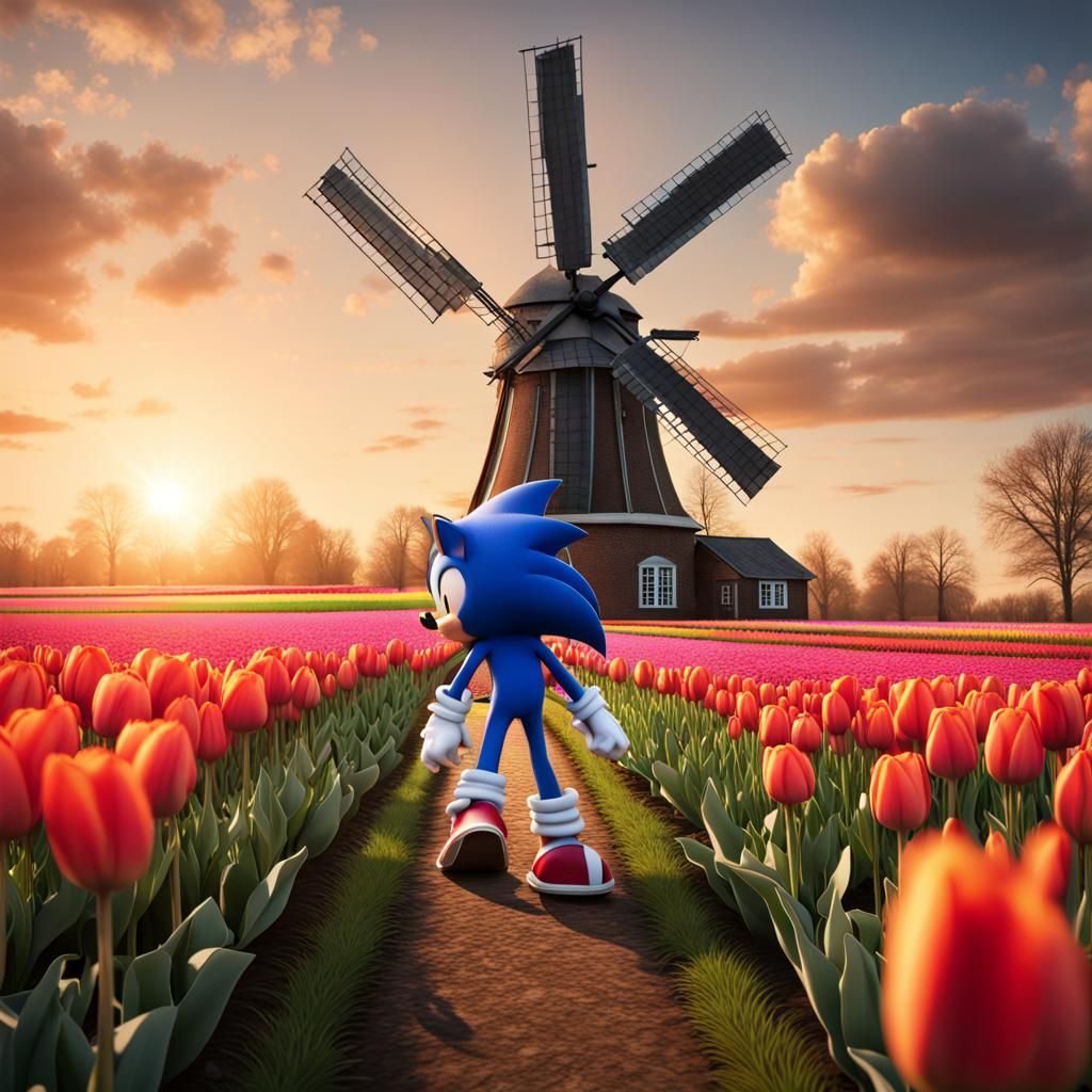 Sonic in Tulip Field: Photorealistic Dutch Scene