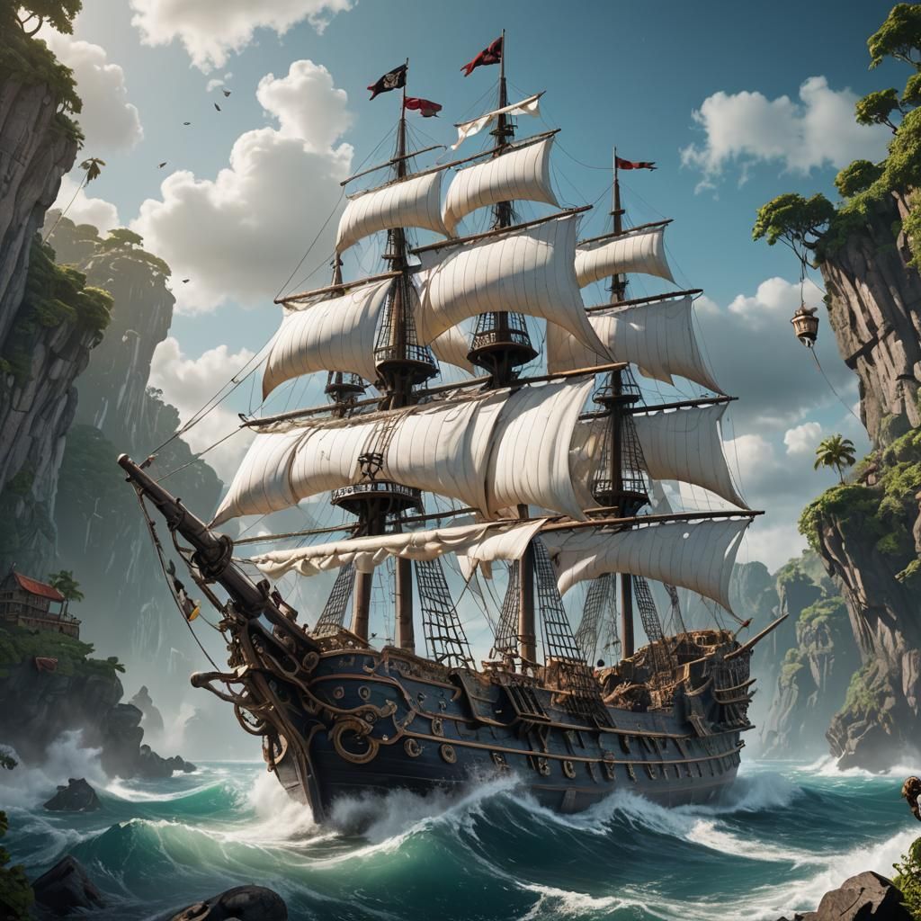Detailed White Pirate Ship Fantasy Concept Art