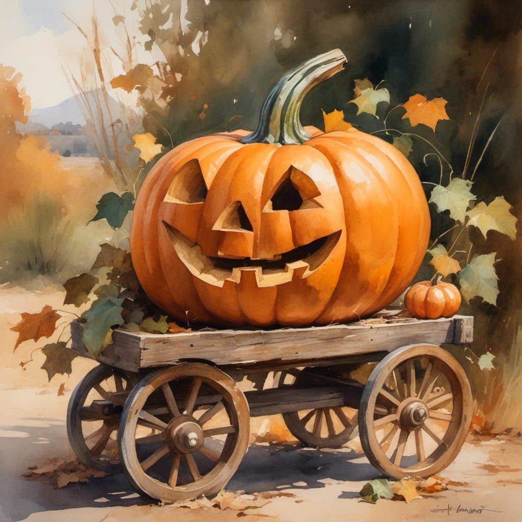 Whimsical Watercolor Pumpkin Jack-o-Lantern on Cart