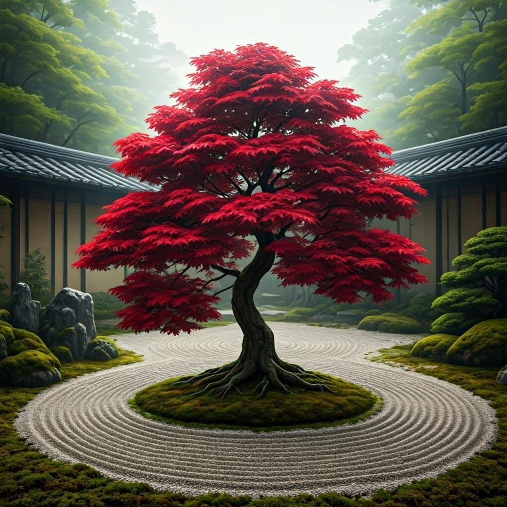 Japanese Maple Bonsai in Zen Garden, Digital Art