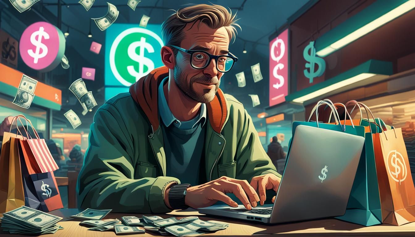 Man Browsing Laptop with Shopping Bags: Expressionist Art