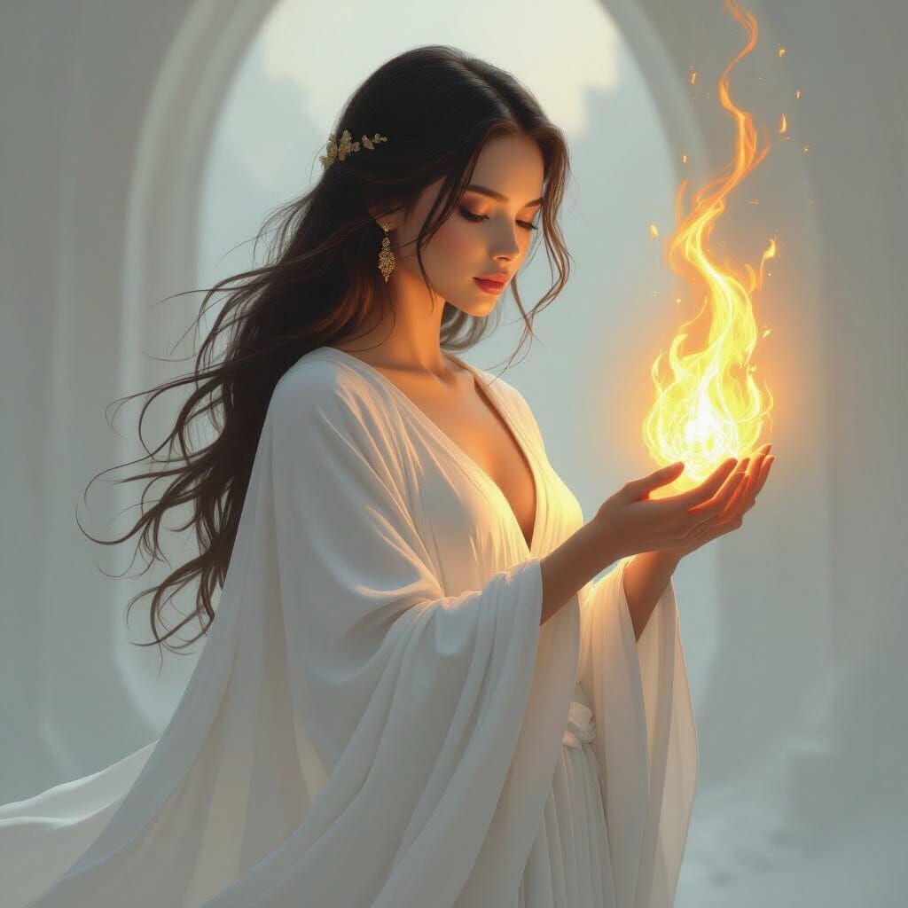 Featureless Female Figure Holding Golden Flame in Ethereal L...