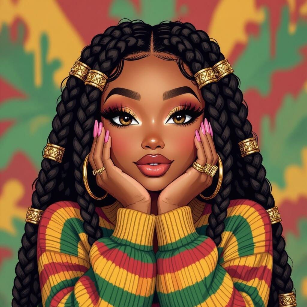 Chibi-Bratz Fusion Portrait in Rasta Colors