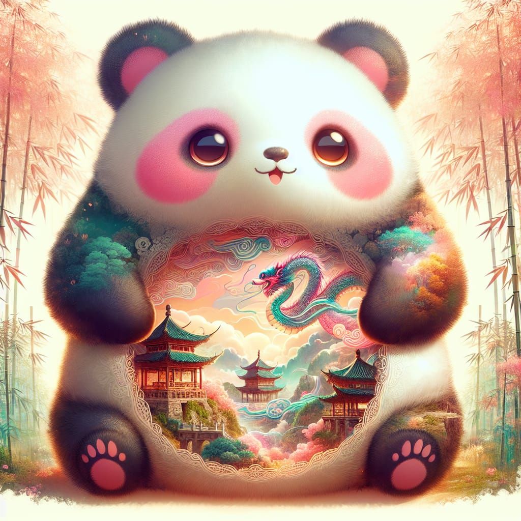 Cute Chibi Panda in Double Exposure Chinese Fantasy Landscap...