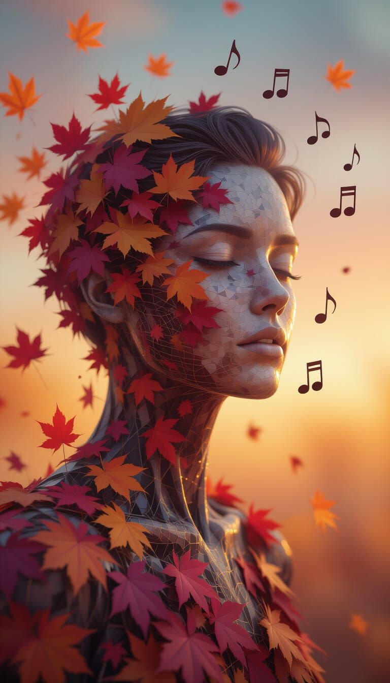 Nebulous Figure Dissolving into Autumn Leaves and Music Note...