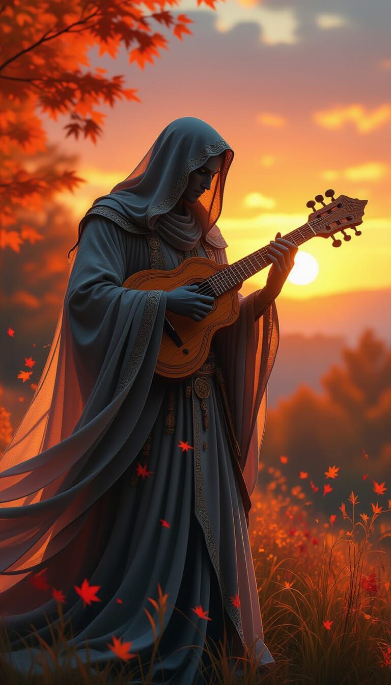 Spectral Musician Playing Luminous Instrument at Autumn Suns...