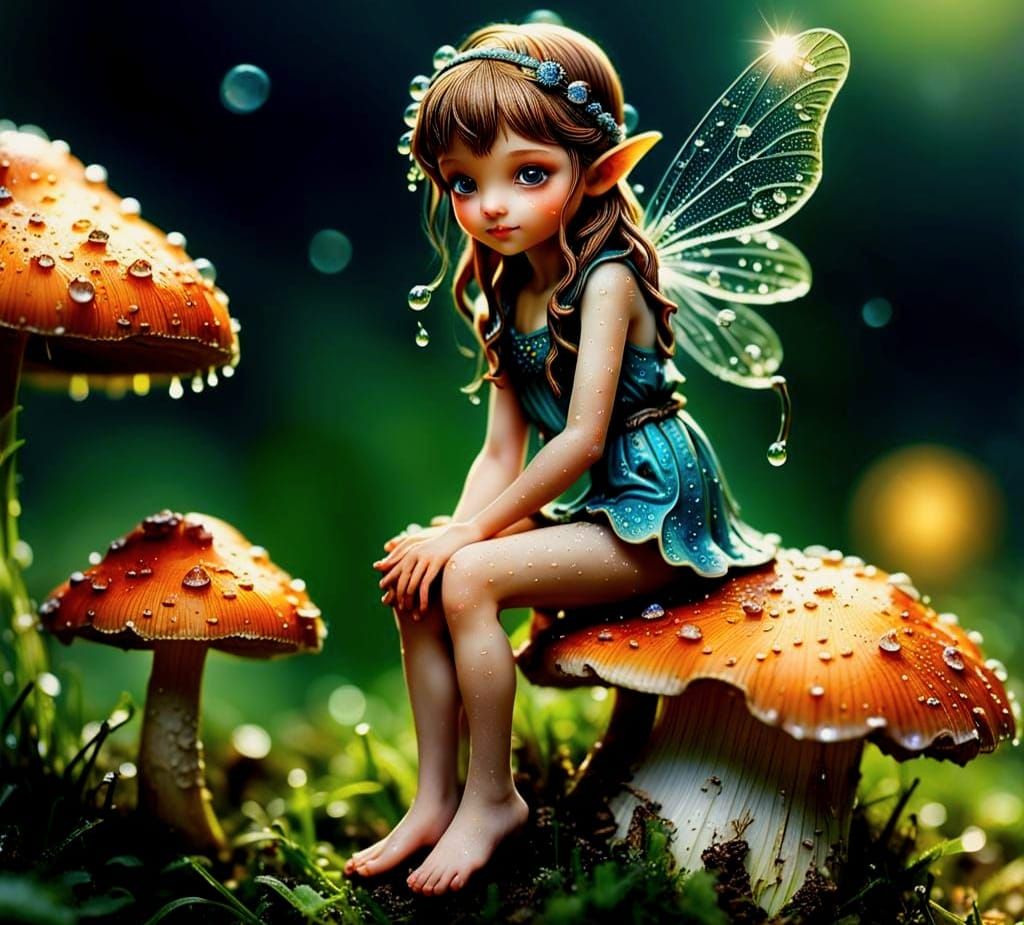 Enchanting Fairy on Mushroom: Hyperrealistic Macro Photograp...
