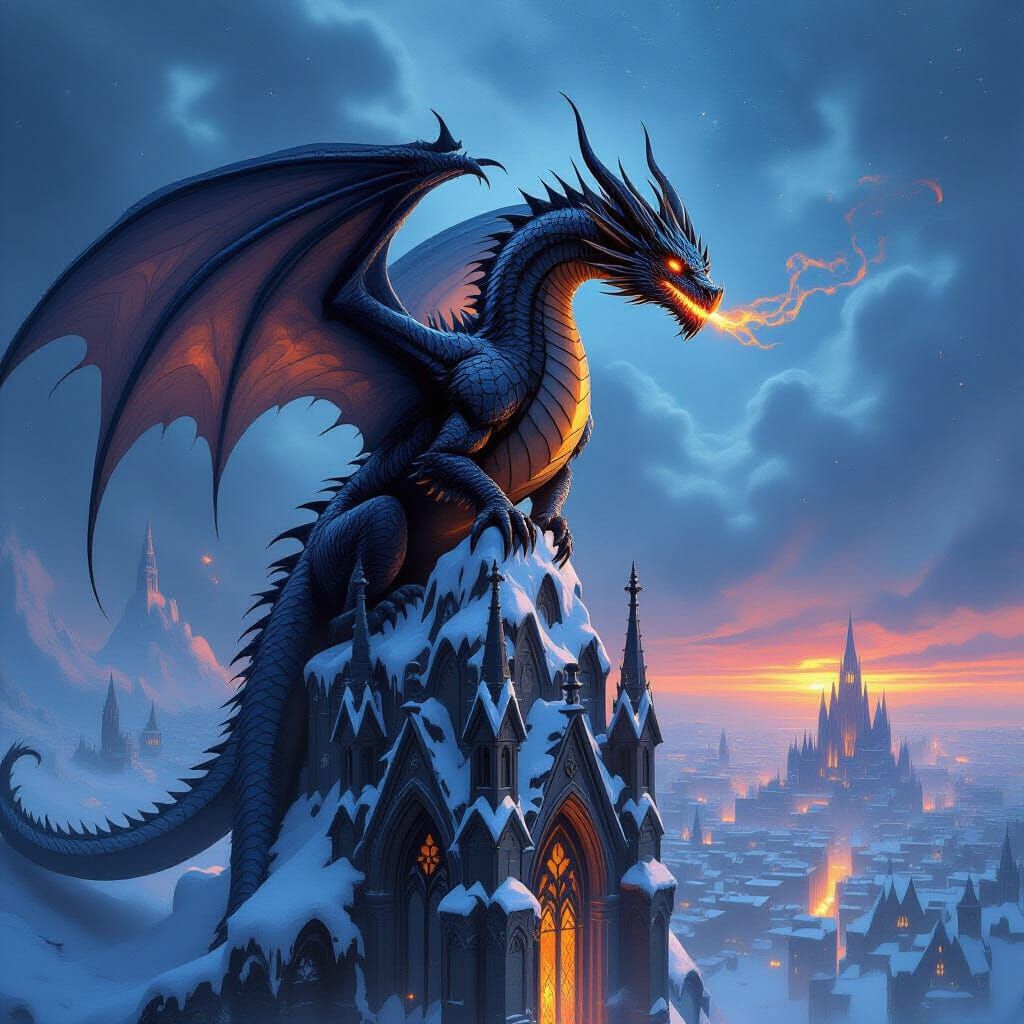 Obsidian Dragon on Gothic Cathedral Spire