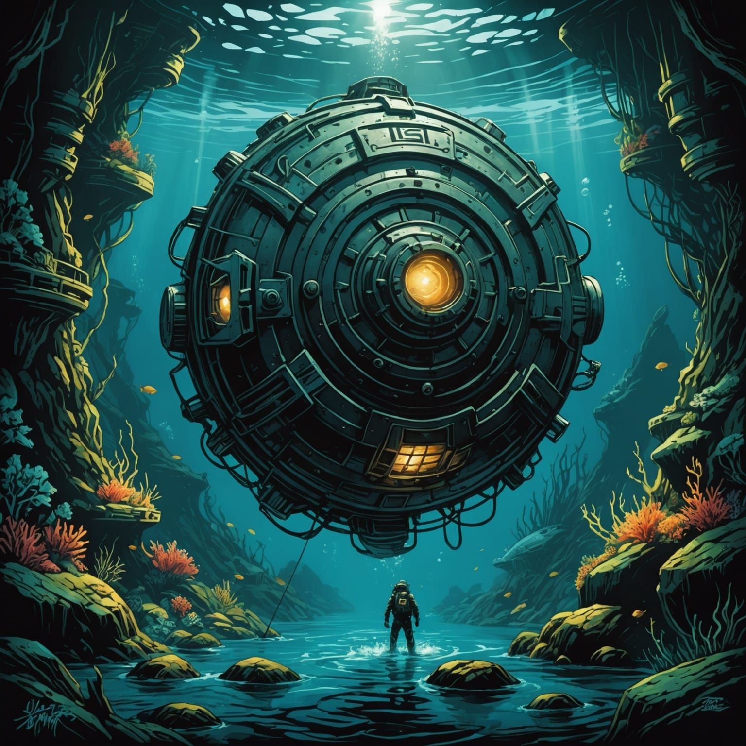 Underwater Mine in Comic Book Art Style