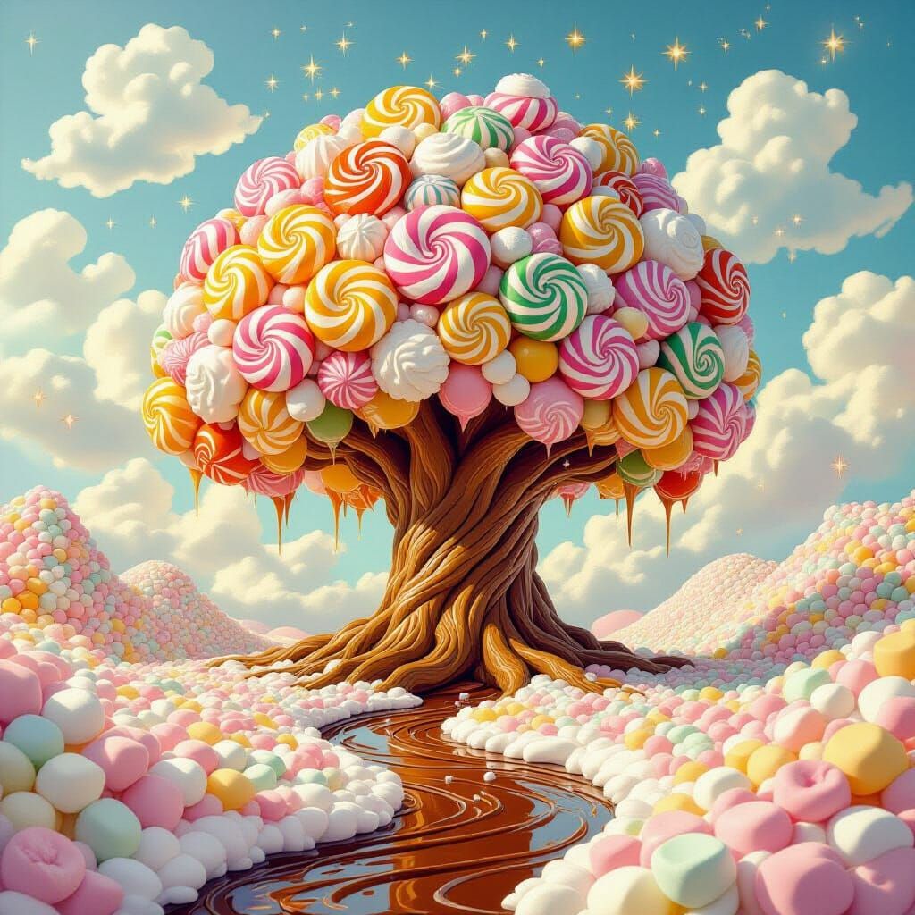 Sweet Sugar Tree by Chocolate River in Cotton Candy Sky