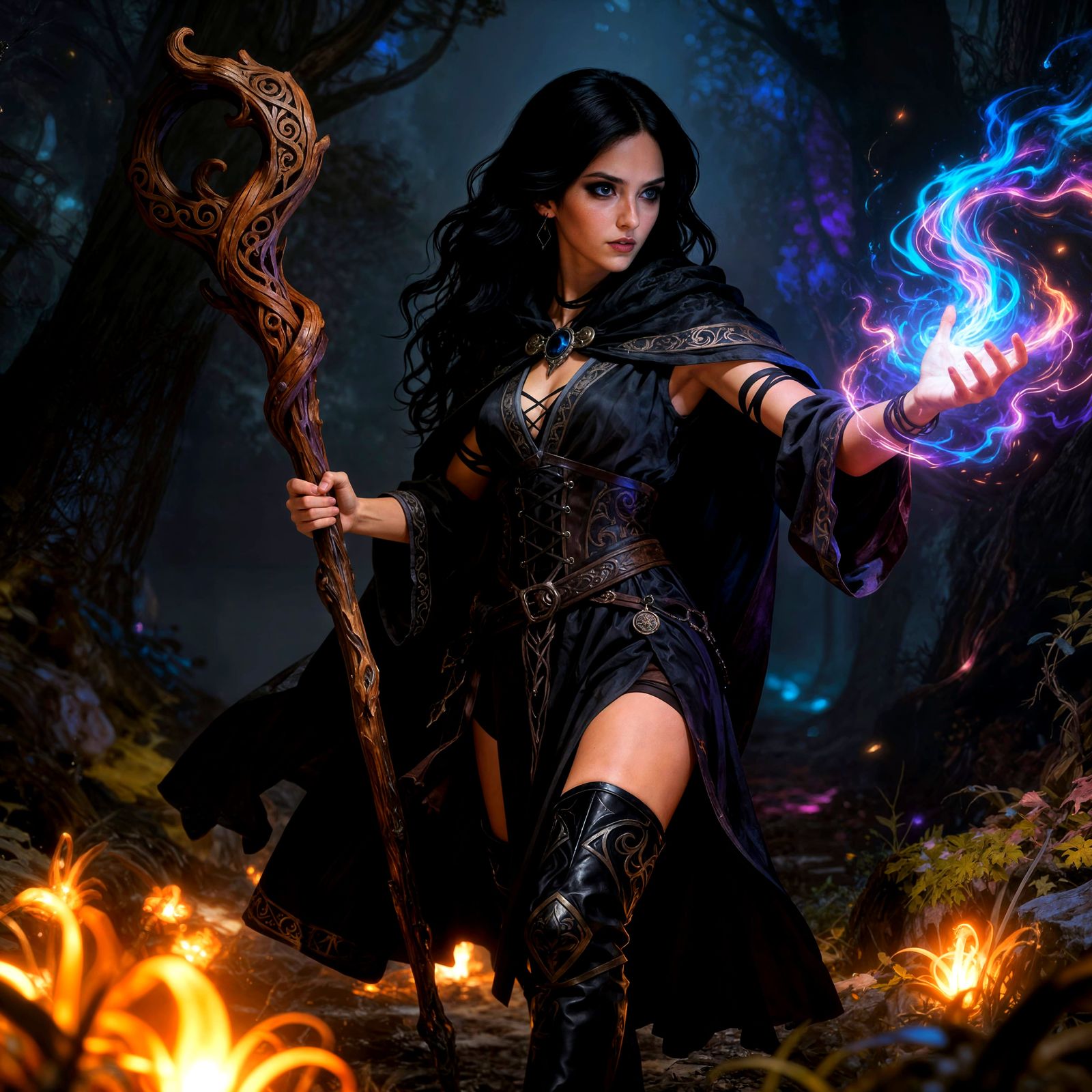 Female Mage Conjuring Magic with Ornate Staff