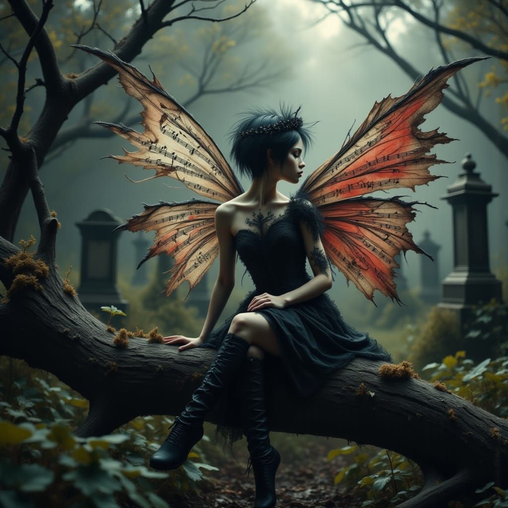 Goth Punk Fairy in Misty Cemetery