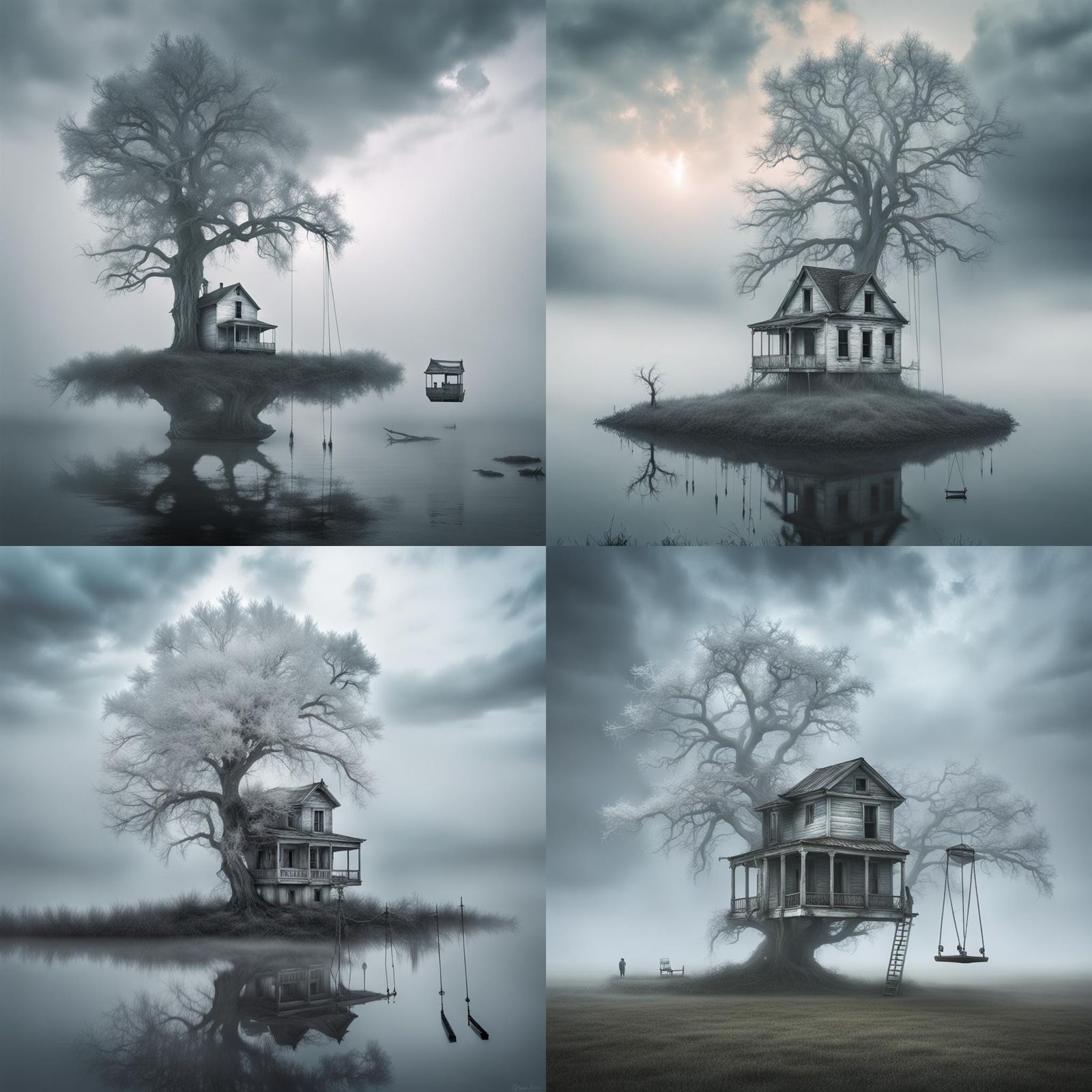 White Tree on Floating Island in Fog