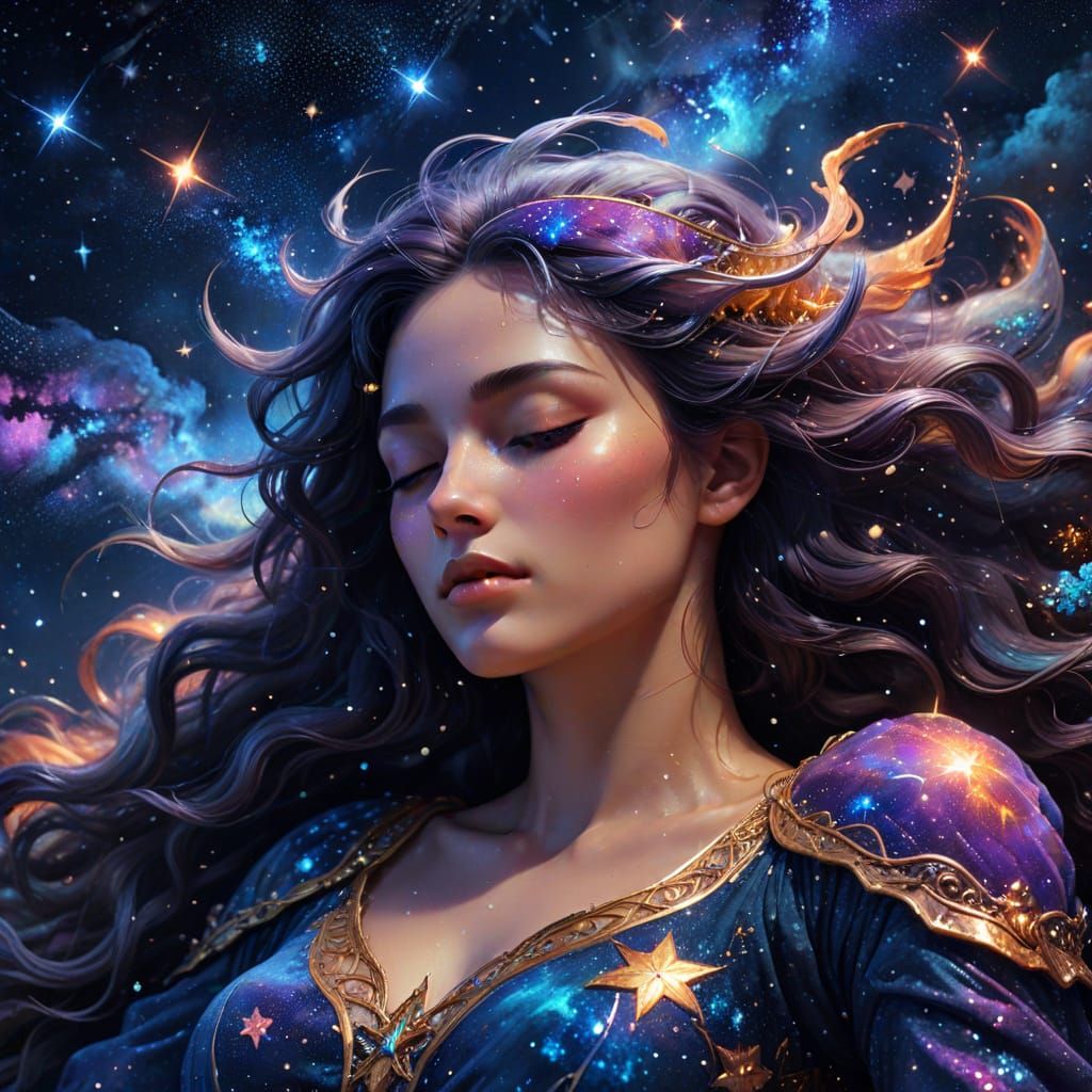 Celestial Goddess Sleeping in Night Sky: Cosmic Illustration