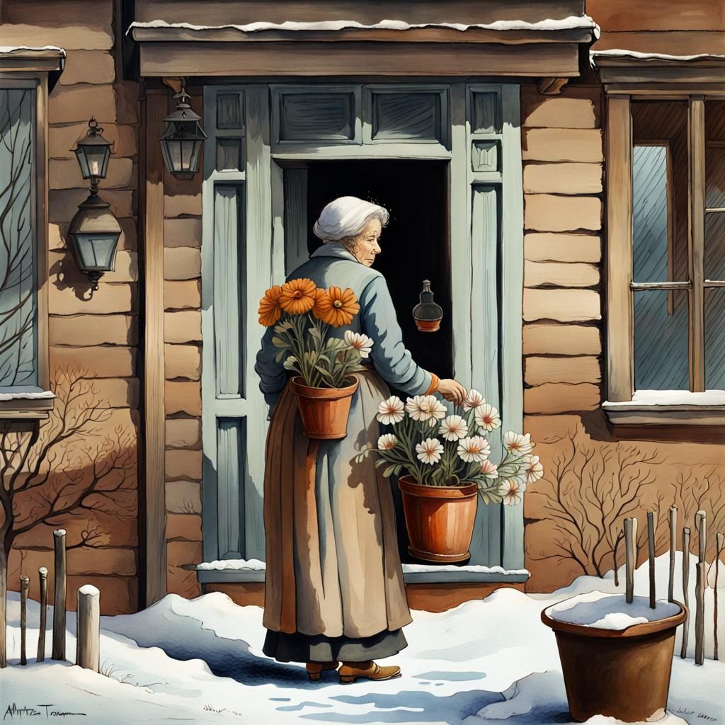 Victorian Winter Day with Woman and Flower