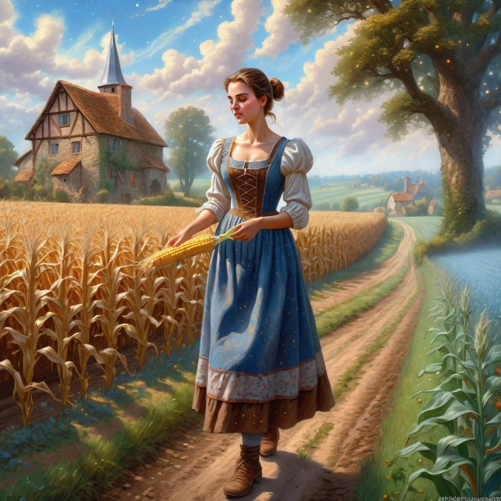 Woman Sowing Corn Field: Ethereal Fantasy Art