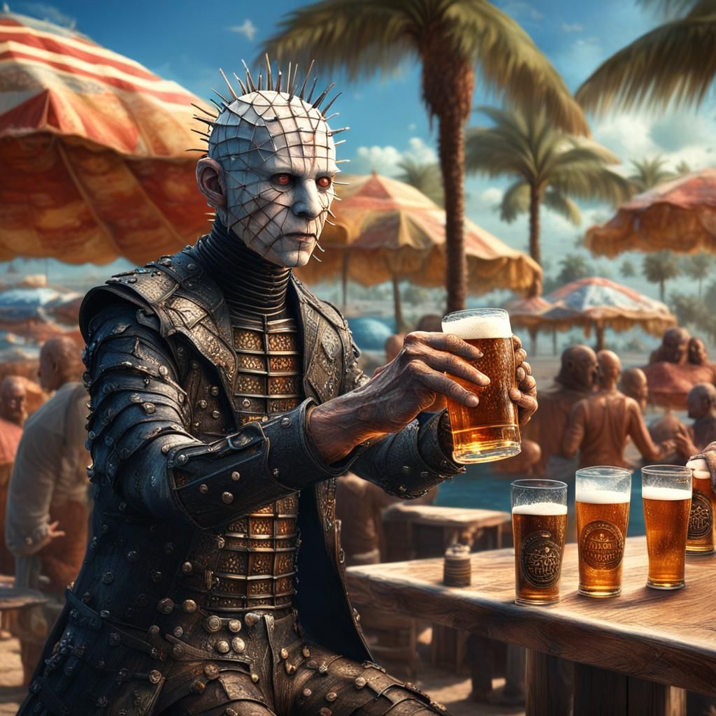 Lifelike Pinhead from the Movie Hellraiser, vacationing at Spring Break Bikini Contest, in Florida, drinking a local bee...
