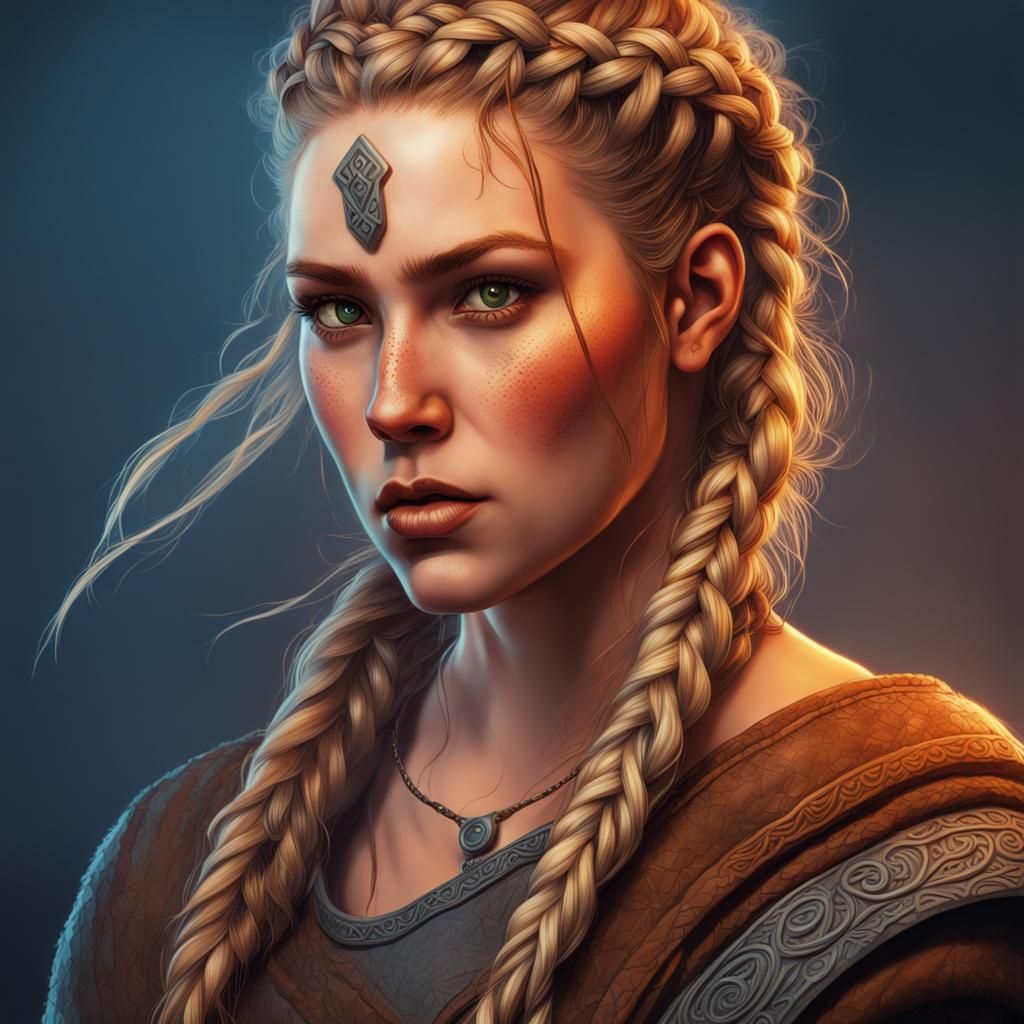Viking Woman with Braided Hair in Hyperrealistic Style