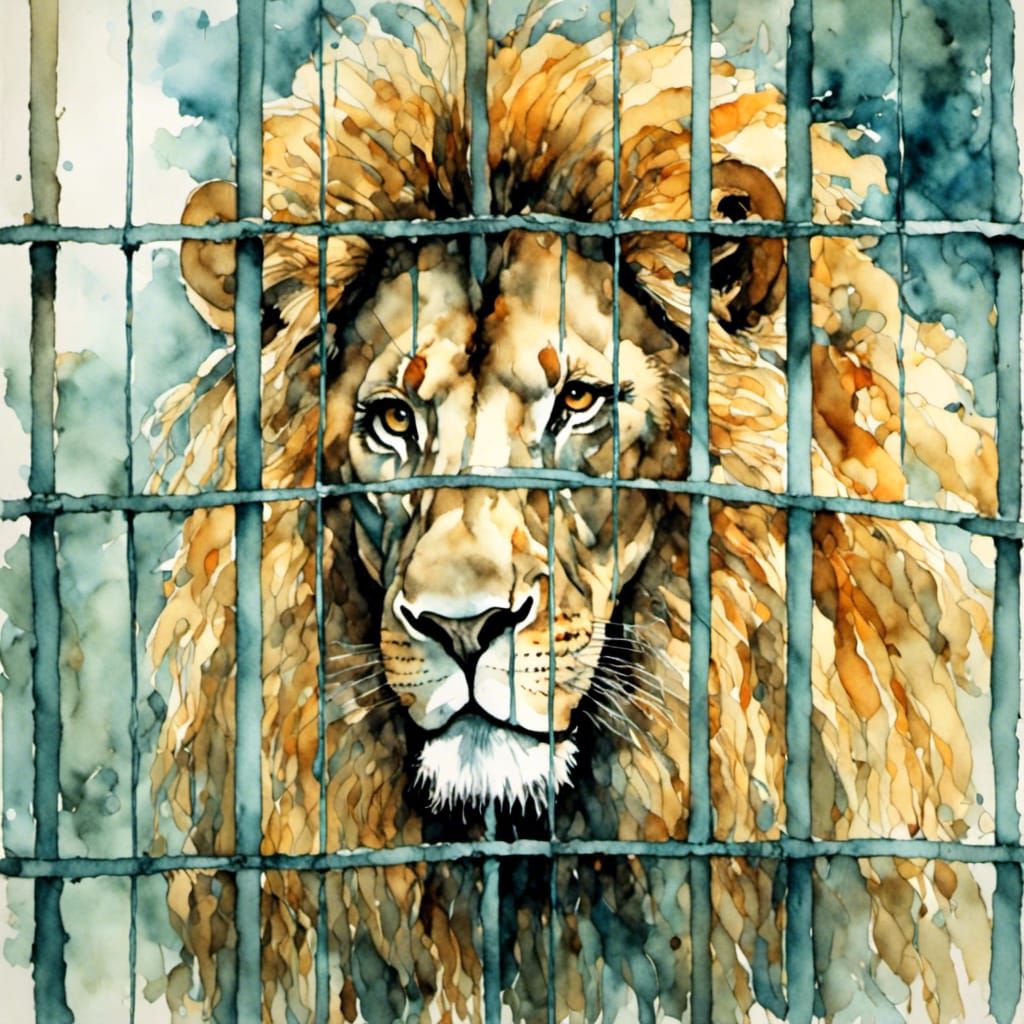 Majestic Lion Behind Bars Watercolor
