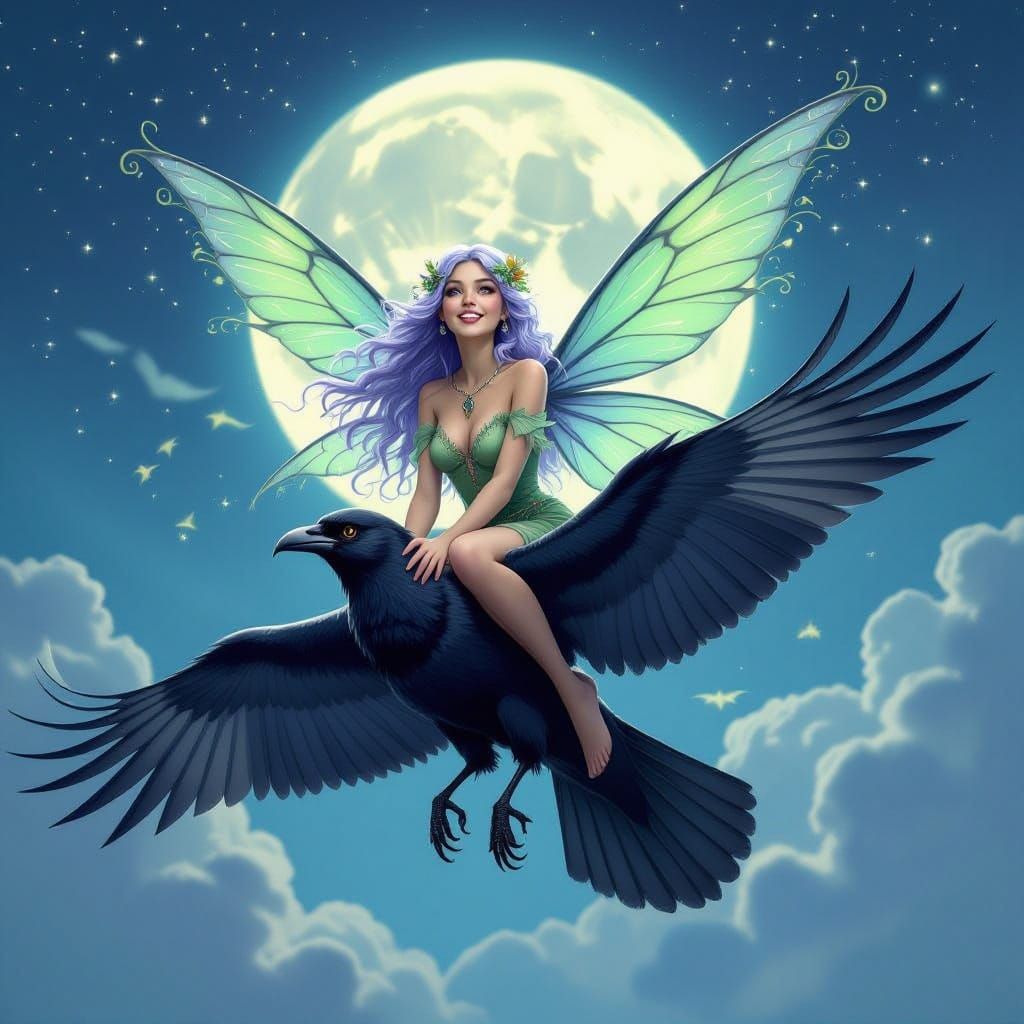 Ethereal Faerie Spirit Rides Moonlit Crow