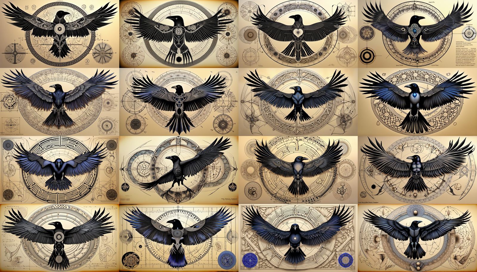 Crow with Technical Drawings and Quantum Zentangle