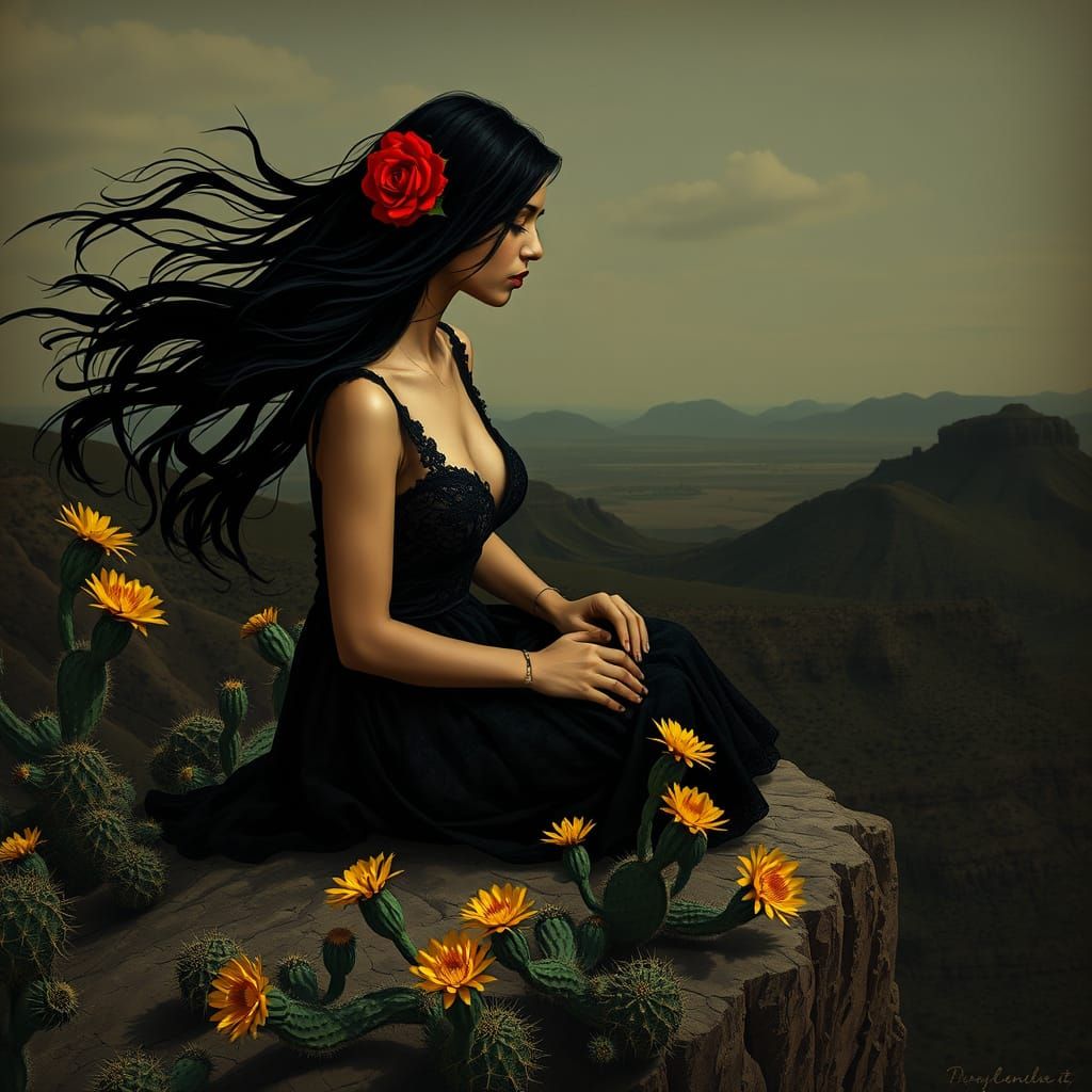 Sad Woman with Rose in Dark Mosaic Style