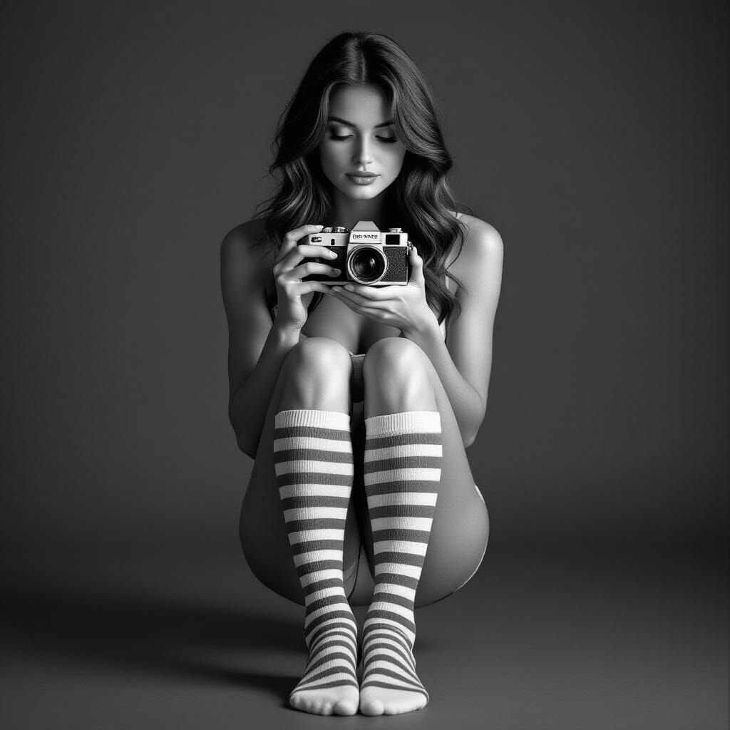 Contemplative Woman with Vintage Camera in Monochrome