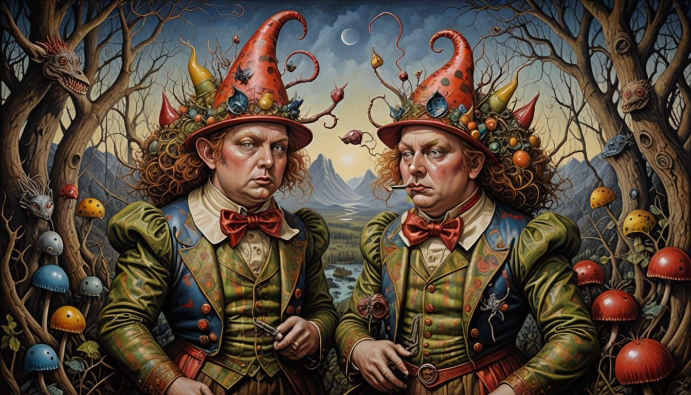 Tweedledum & Tweedledee in Fantastical Garden Oil Painting