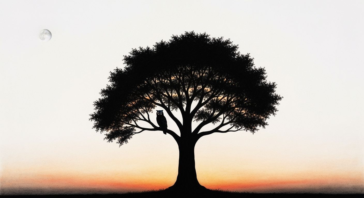Charcoal Drawing of Owl in Tree Silhouette at Sunset