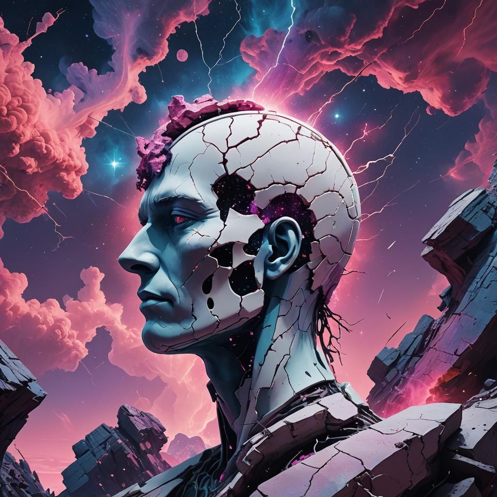 Cosmic Nebula Revealed in Cracked Ceramic Head