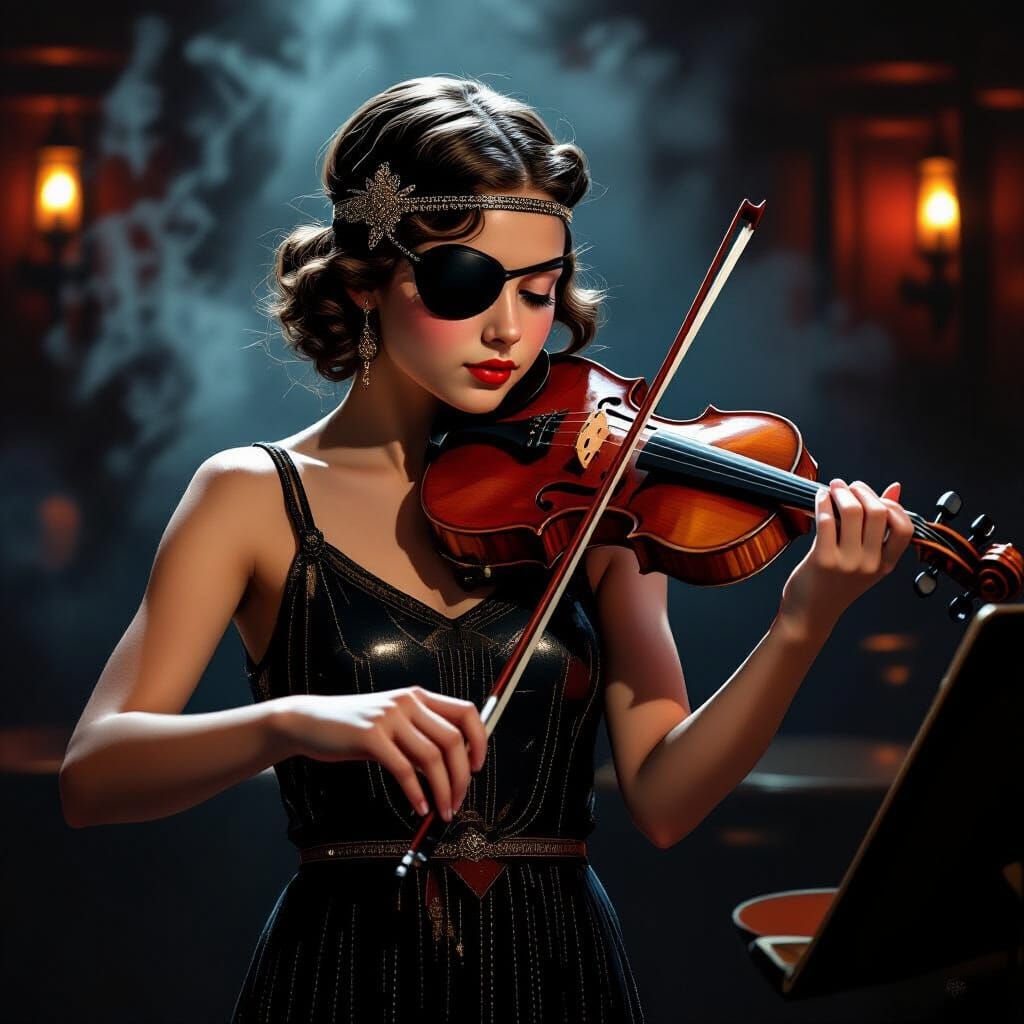 Teen Violinist in Smoky Bar, Noir Digital Painting