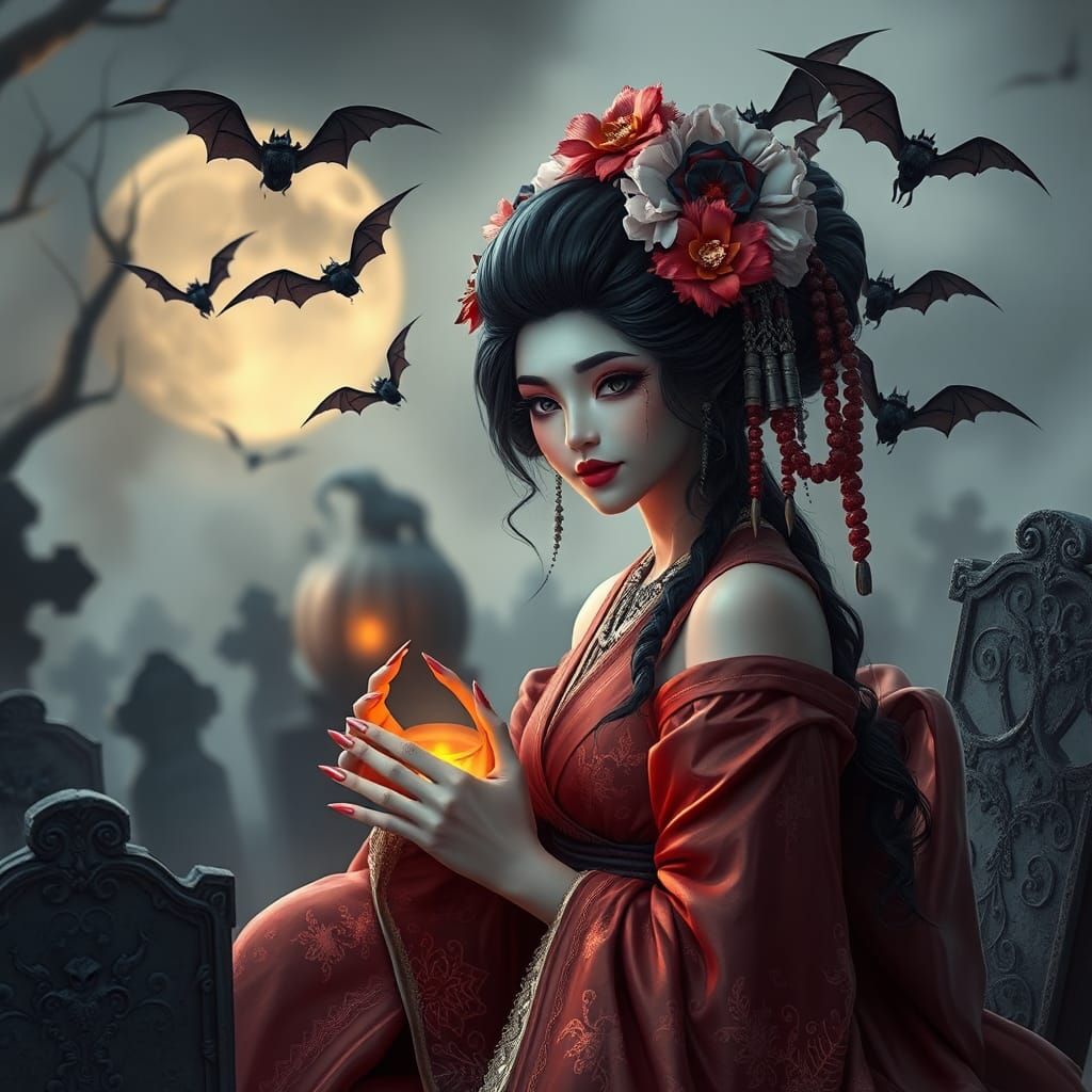 Ethereal Halloween Geisha with Bats in Graveyard