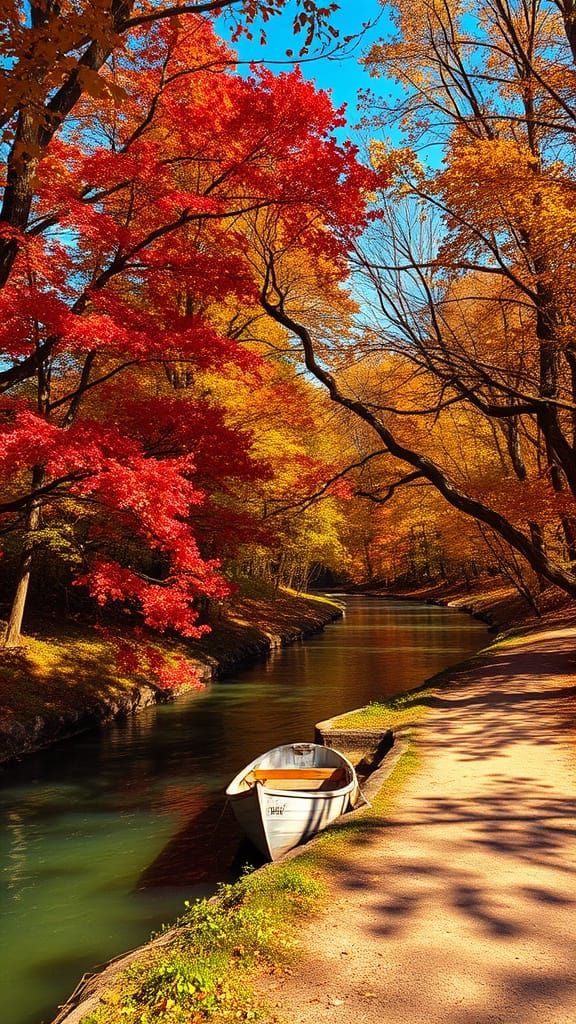 Serene Autumn Maple Forest with Tranquil River and Weathered...
