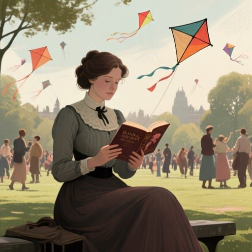 Woman Reading in Lively Crowded Park, 1890s Digital Painting