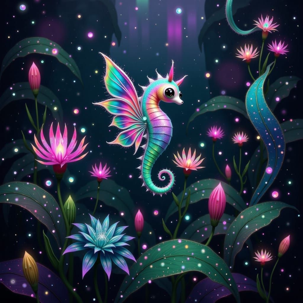 Rainbow Seahorse in Bioluminescent Cave