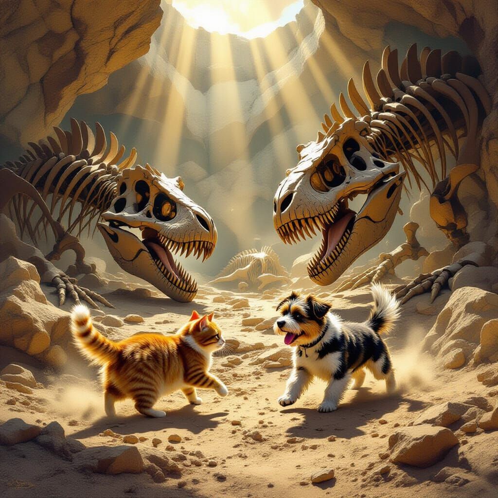 Dinosaur Dig Site with Animals Illuminated by Sunbeams