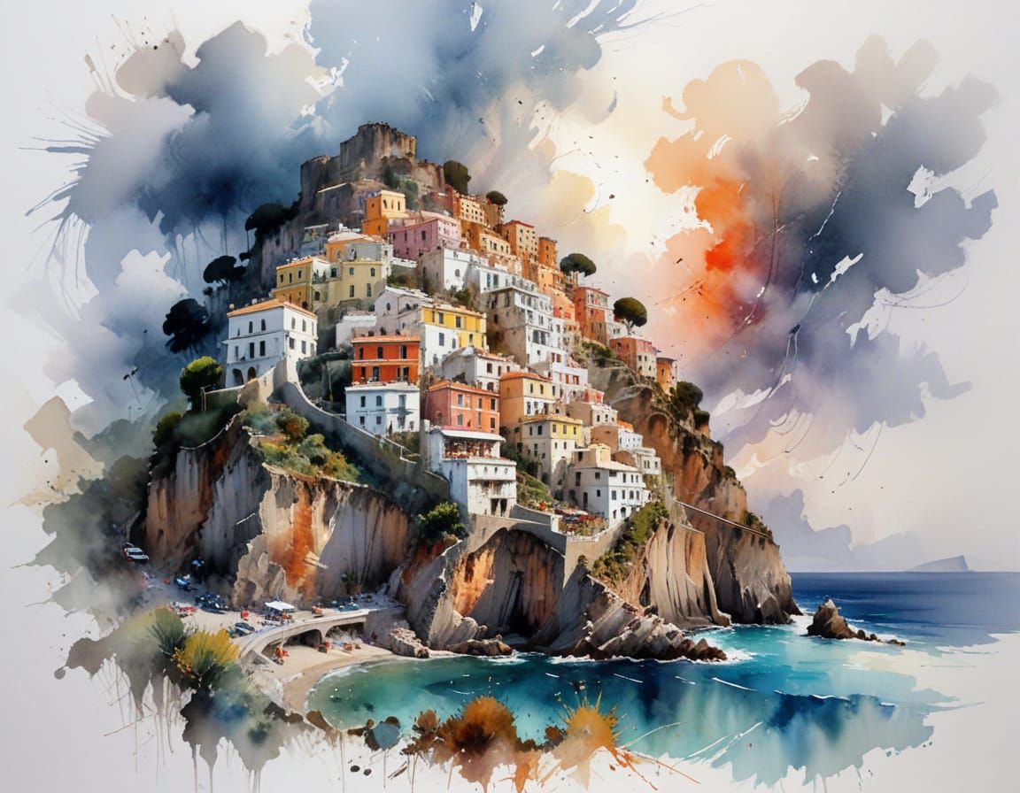 Amalfi Coast Stormy Watercolour Landscape