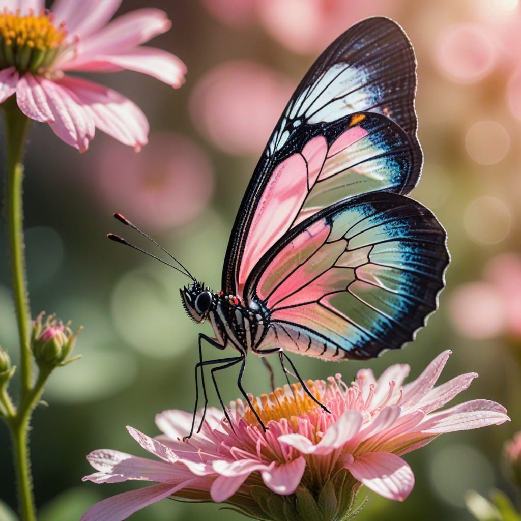 Glasswing Butterfly on Pink Flower: Macro Photography