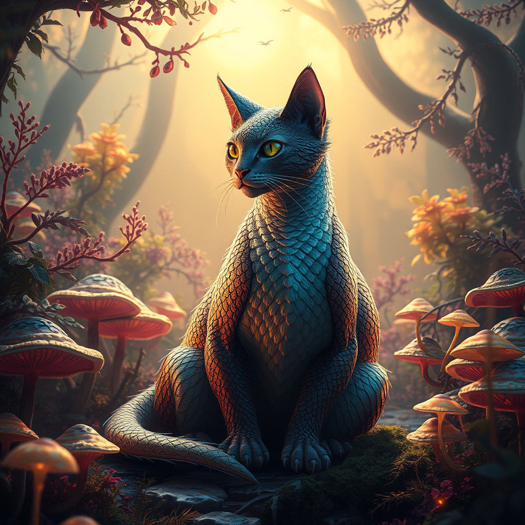 Majestic Dragon Cat in Dreamlike Landscape, Matte Painting