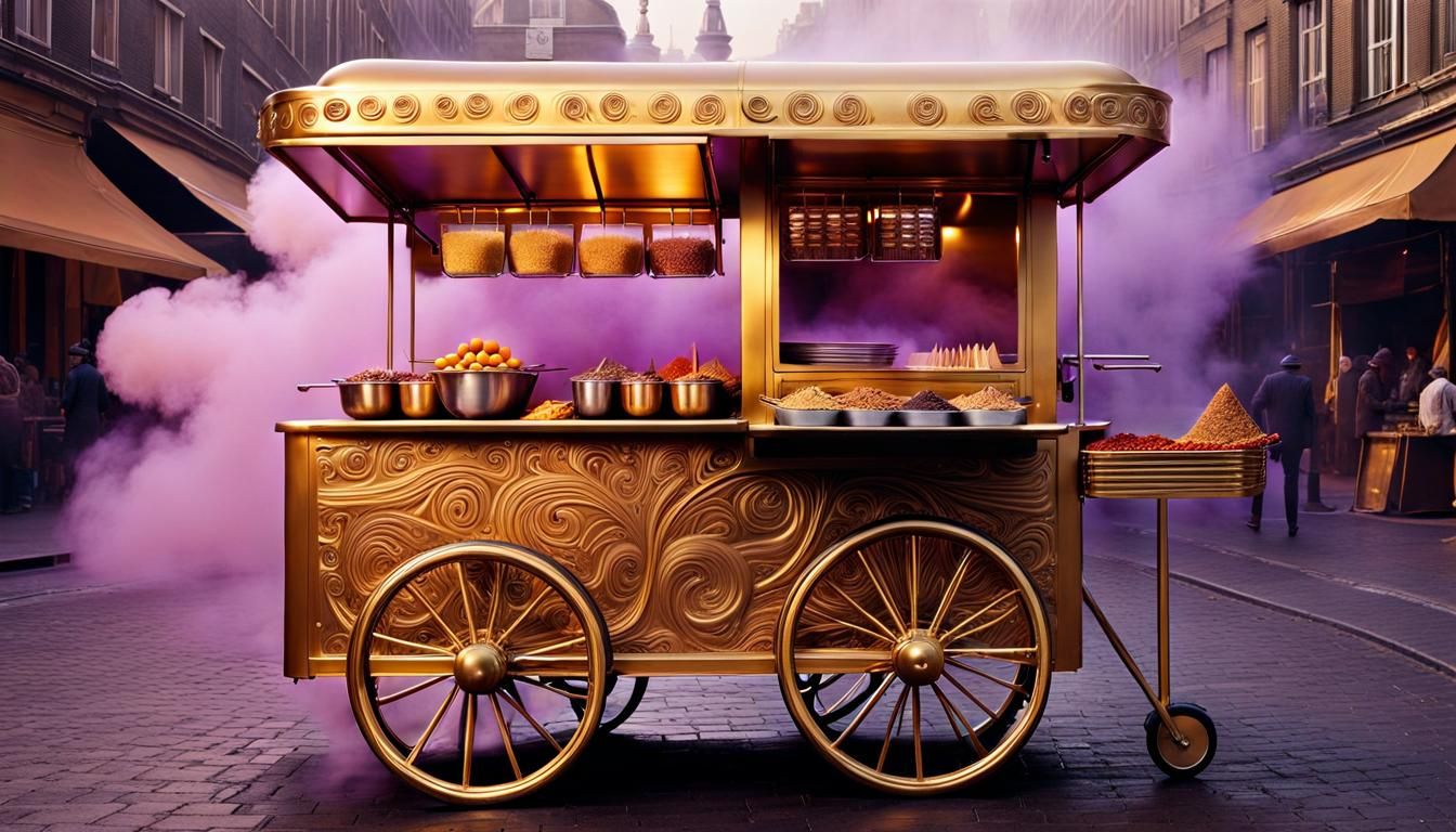 Surreal Street Food Cart in Dreamlike City