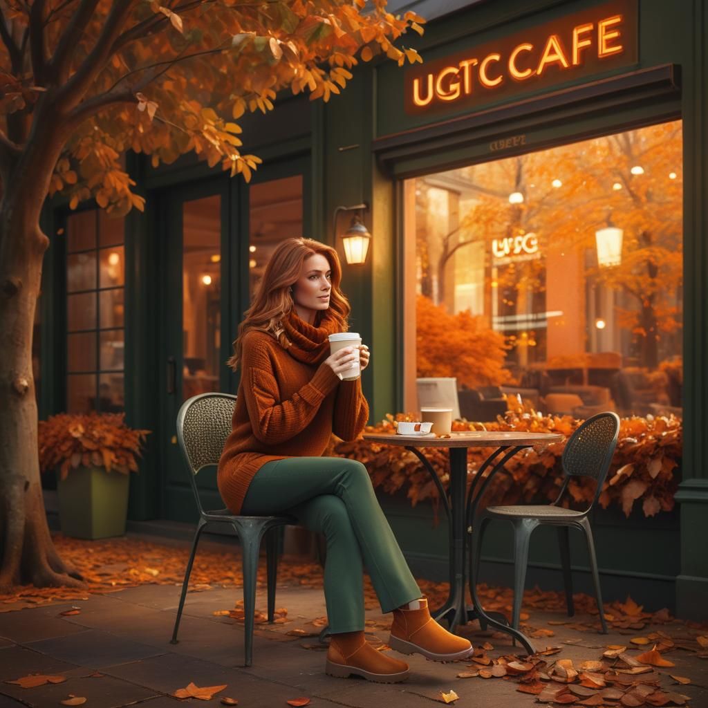 Autumn Cafe Scene with Woman in Orange Sweater